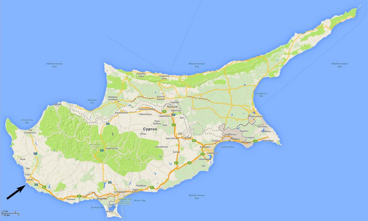 mapa de Chipre mostrando los aeropuertos