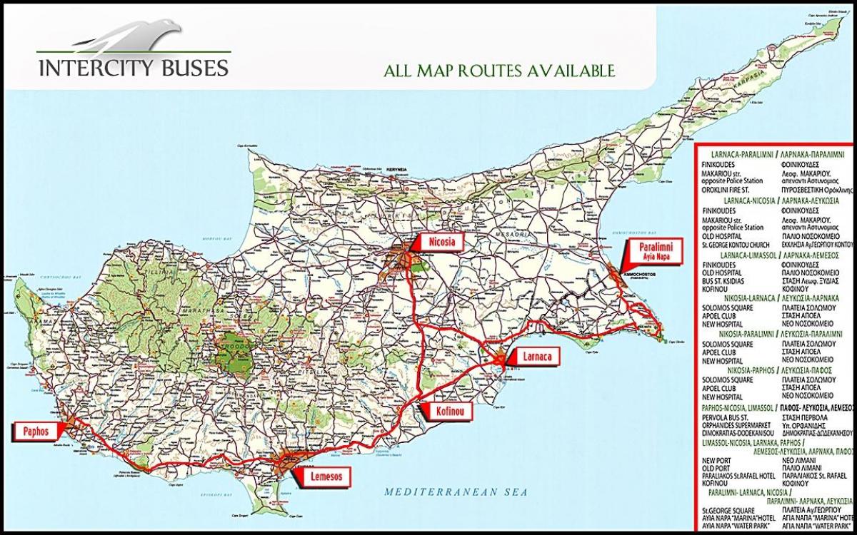 Chipre mapa de ruta de autobús