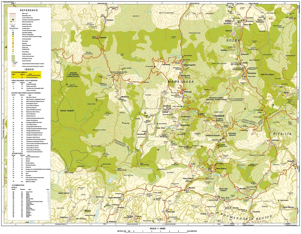 mapa de montañas de troodos, Chipre